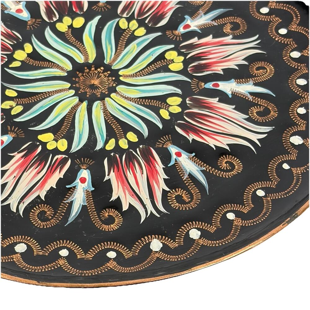 Vintage Turkish Folk Art Hand Painted Etched 9.5" Copper Plate Wall Hanging - Picture 2 of 6